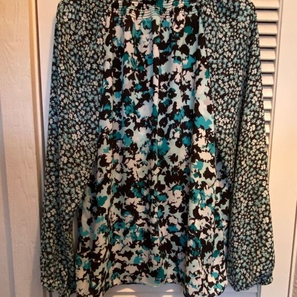 Jones New York Black Teal Floral Boho Peasant Top - Picture 7 of 8
